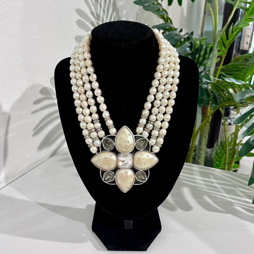 Vintage Yves Saint Laurent Four Strand Pearl Necklace with Crystal & Pearl Penda